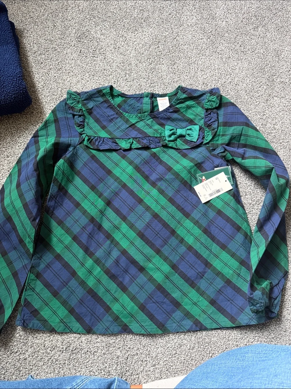 Gymboree Green & Navy Plaid Long-Sleeve Ruffle Top with Bow